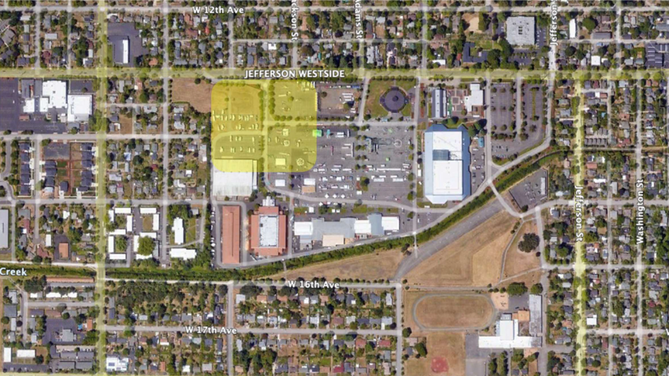 A map highlighting where the proposed Emeralds Stadium will sit, along 13th Avenue on the Lane County Fairgrounds site. The stadium overlaps with the livestock center and the need to rebuild that is one reason the project increased in cost.