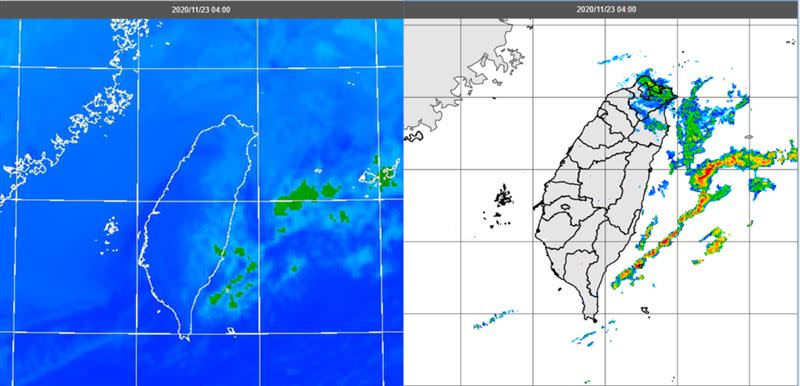 左圖：今(23日)晨4時紅外線色調強化雲圖顯示，台灣迎風面低雲增多。右圖：今晨4時雷達回波合成圖顯示，大台北、東北部陸地及東半部海面上有降水回波。