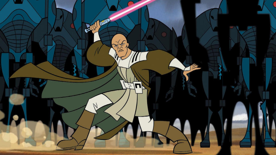 animated mace windu faces an army of droids brandishing his lightsaber