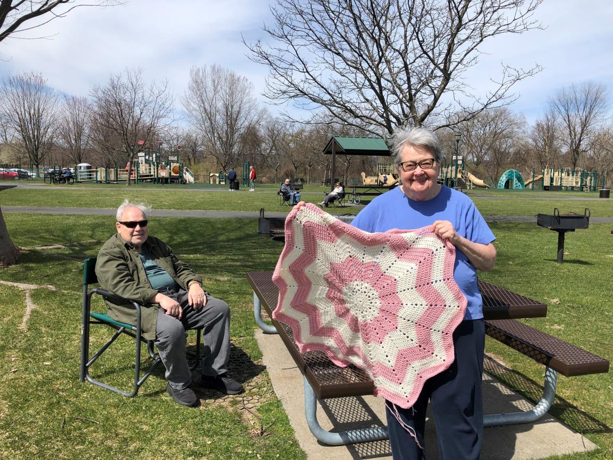 Cheryl and Al Rodriguez of New City set up at Haverstraw Bay Park to watch the April 8, 2024 total solar eclipse. They brought sandwiches and water and Cheryl brought her latest crochet project to keep her occupied while they waited for the big show.