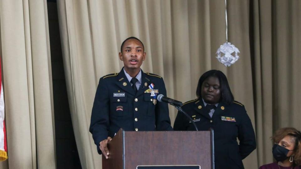 Army JROTC Cadet Kaheem Bailey-Taylor was awarded the Medal of Heroism during a ceremony held at Philadelphia Military Academy on January 6, 2023, in Philadelphia, PA. This award is the highest Department of the Army medal exclusively awarded to Army ROTC and JROTC Cadets. The medal is presented to those who perform an act of heroism where the “acceptance of danger and extraordinary responsibilities, exemplifying praiseworthy fortitude and courage” are involved. | Photo by Amy Turner, U.S. Army Cadet Command Public Affairs