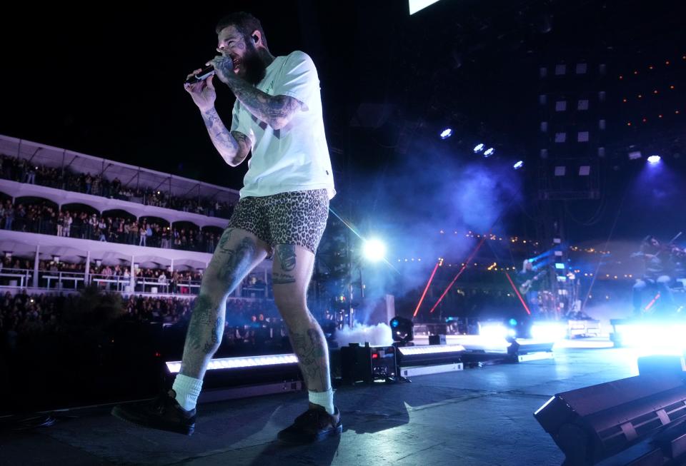 Post Malone kicks off 2024 WM Phoenix Open with a 16th hole concert at TPC Scottsdale on Feb. 3, 2024.