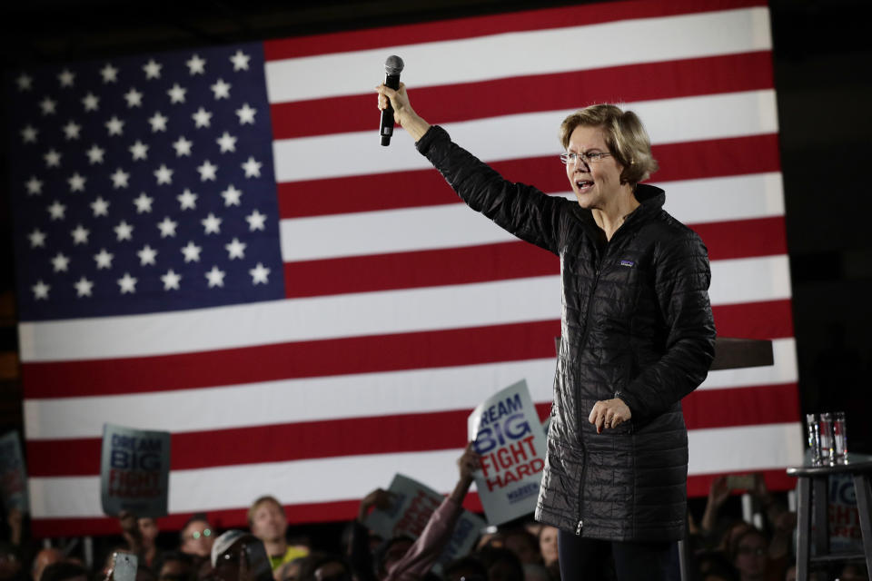 Democratic presidential candidate Sen. Elizabeth Warren, D-Mass., addresses supporters during a town hall in San Antonio, Thursday, Feb. 27, 2020. (AP Photo/Eric Gay)