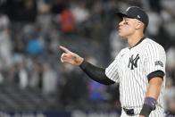 New York Yankees' Aaron Judge reacts after the team defeated the Miami Marlins in a baseball game, Tuesday, April 9, 2024, in New York. The Yankees won 3-2. (AP Photo/Mary Altaffer)