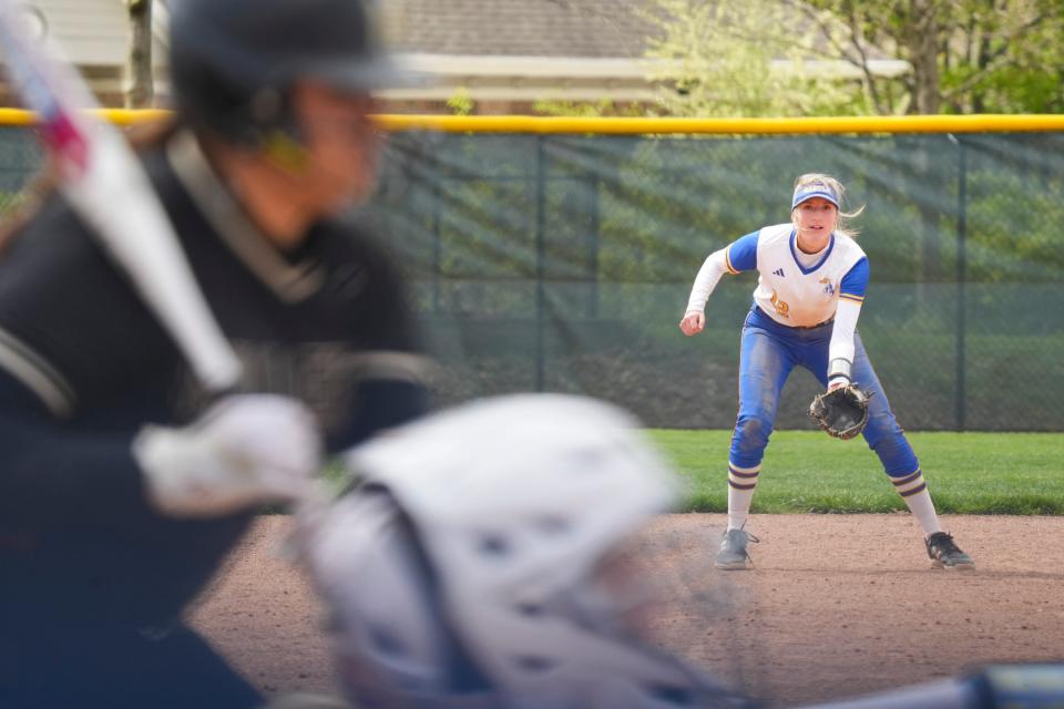 Castle Knights Emma Bruggenschmidt (12) plays shortstop against the Noblesville Millers during the Carmel Softball Invitational on Saturday, April 20, 2024, at the Cherry Tree Softball Complex in Carmel, Indiana.