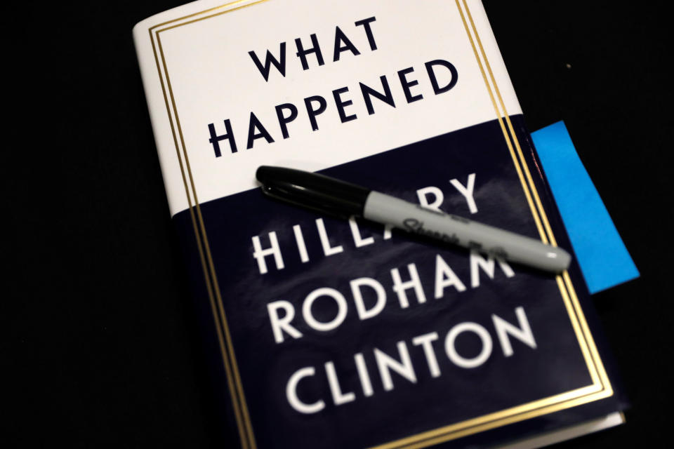 A copy of former Secretary of State Hillary Clinton’s new book, “What Happened,” sits backstage as she launches a 15-city book tour at the Warner Theatre in Washington, D.C. (Photo: Jonathan Ernst/Reuters)