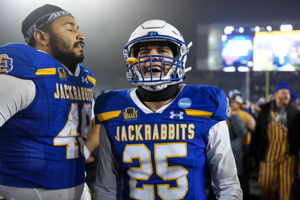 SDSU's safety Cale Reeder (25) celebrates winning the FCS semifinals on Friday, Dec. 15, 2023 at Dana J. Dykhouse in Brookings.