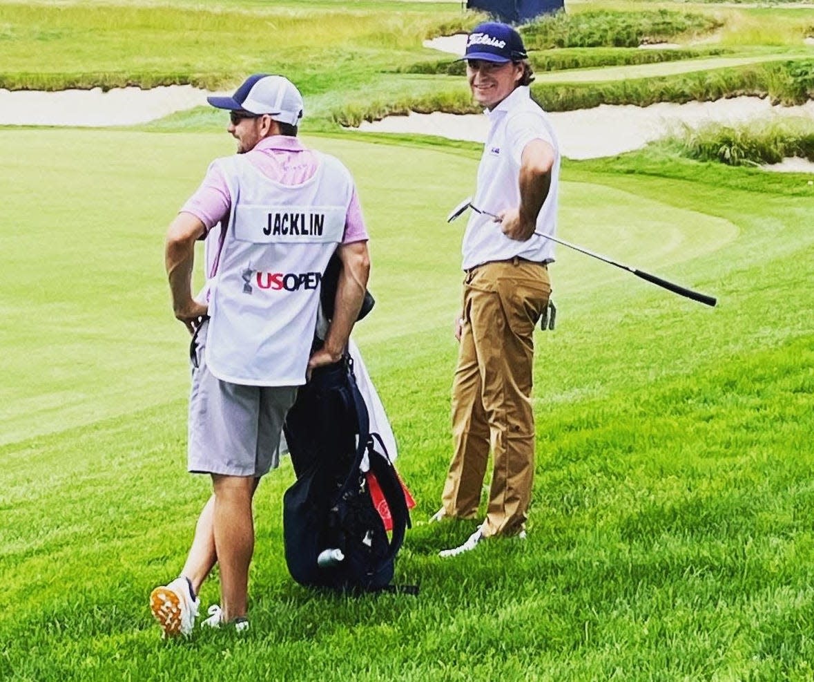 Sean Jacklin and his caddie, Brian Hughes, discuss a putt during play from last week's U.S. Open at The Country Club in Brookline, Mass. COURTESY PHOTO