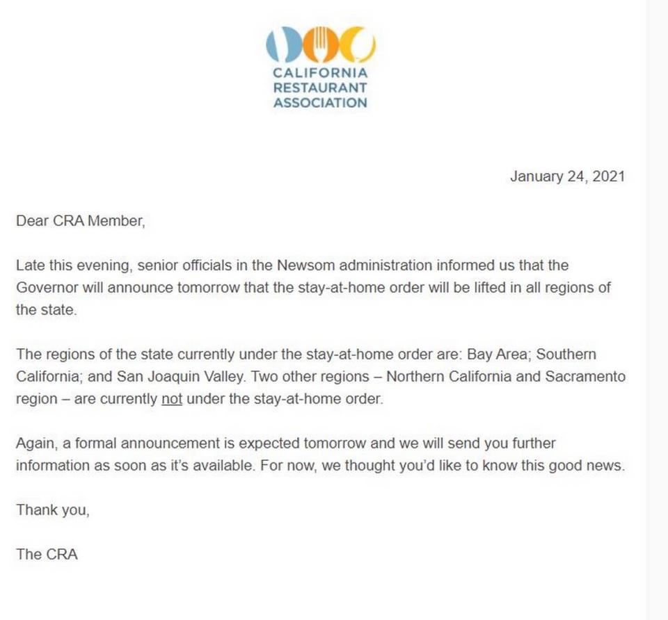 The California Restaurant Association informed its members via email Gov. Gavin Newsom on Monday is expected to lift COVID shelter-in-place orders for the San Joaquin Valley