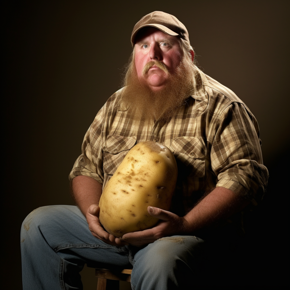 A seated man with a thick beard and mustache, wearing a cap, a plaid shirt, and jeans and holding an enormous potato