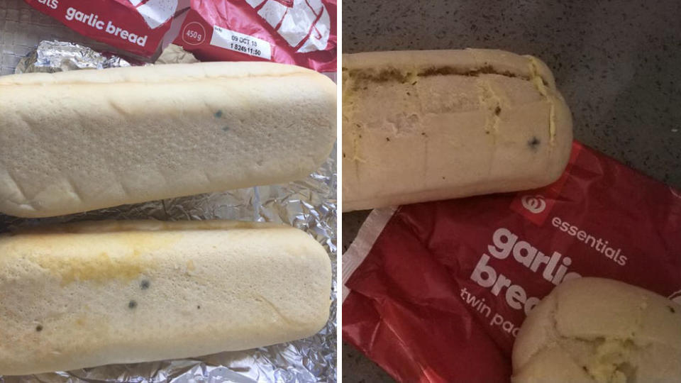 Two customers complained of mould on garlic bread. Source: Aman Singh (left) and Paddy Franks/Facebook