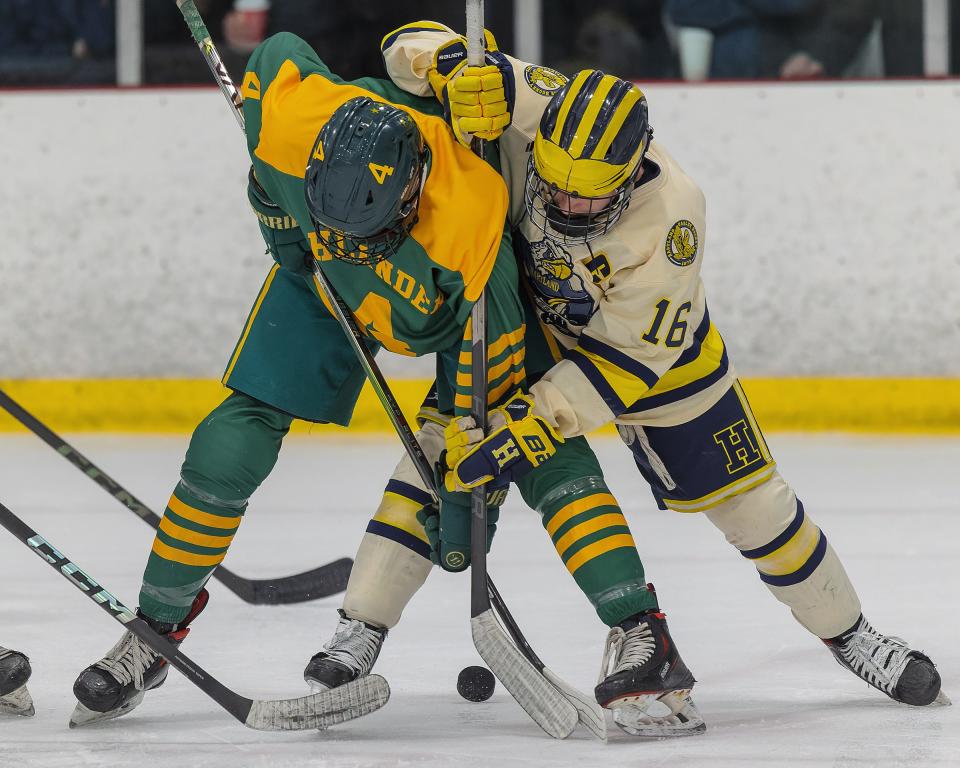 Hartland's Ian Kastamo (16) and Howell's Joel Eskola (4) could meet in the state hockey quarterfinals.