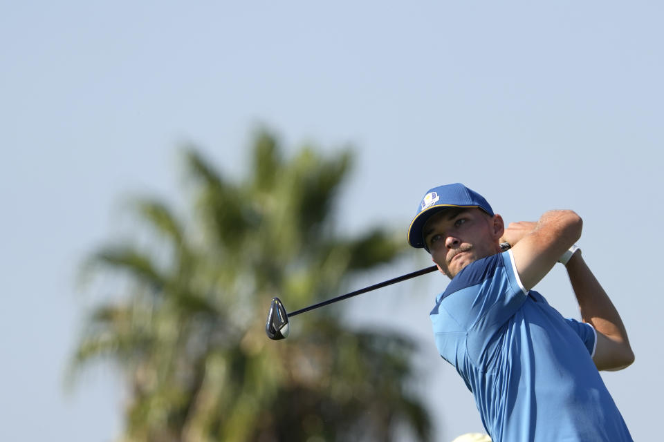 Europe's Nicolai Hojgaard plays off the 10th tee during a practice round ahead of the Ryder Cup at the Marco Simone Golf Club in Guidonia Montecelio, Italy, Wednesday, Sept. 27, 2023. The Ryder Cup starts Sept. 29, at the Marco Simone Golf Club. (AP Photo/Alessandra Tarantino)