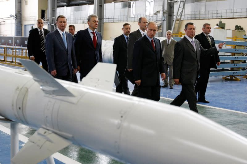 FILE PHOTO: Russian Deputy Prime Minister Ivanov, Industry and Trade Minister Khristenko and Prime Minister Putin visit Almaz-Antey Air Defense plant in Moscow