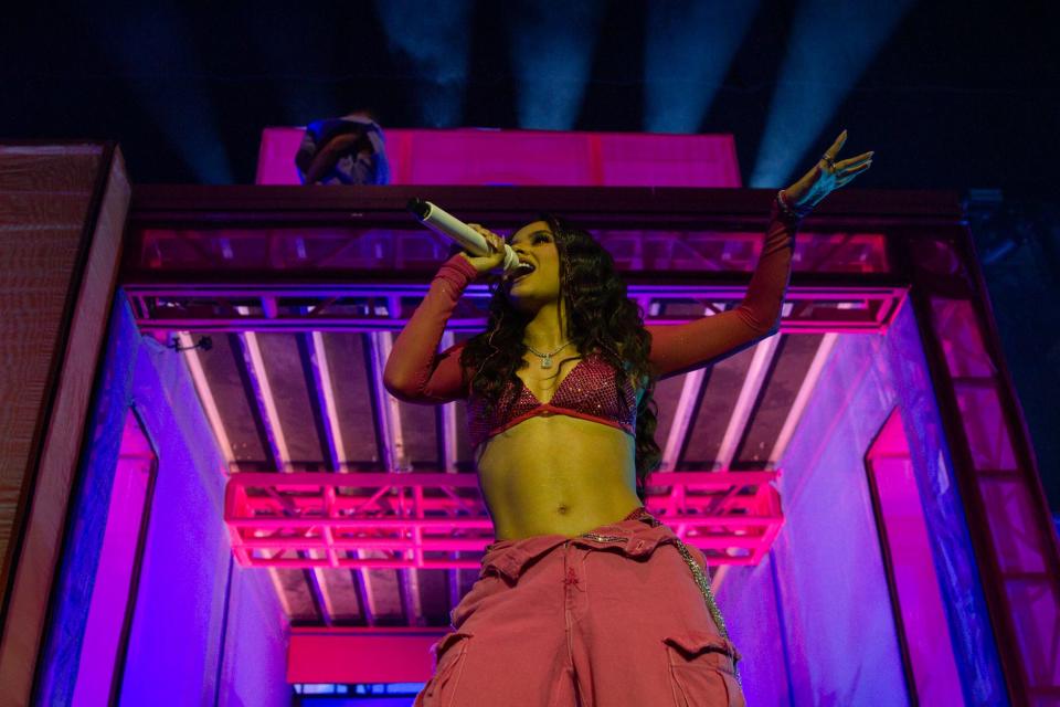 Becky G performs during her "Mi casa, tu casa" tour at the Abraham Chavez Theatre in El Paso, Texas on Oct. 3, 2023.