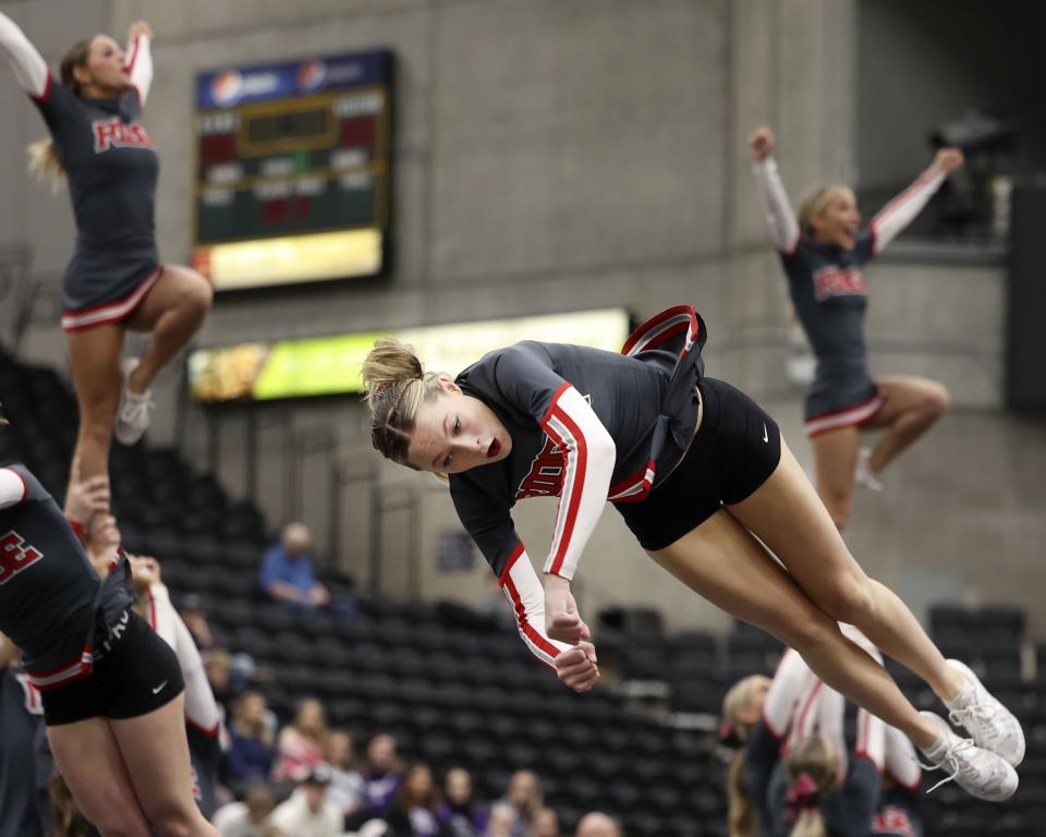Mountain Ridge High School competes in the 6A Competitive Cheer Tournament at the UCCU Center at Utah Valley University in Orem on Thursday, Jan. 25, 2023. | Laura Seitz, Deseret News