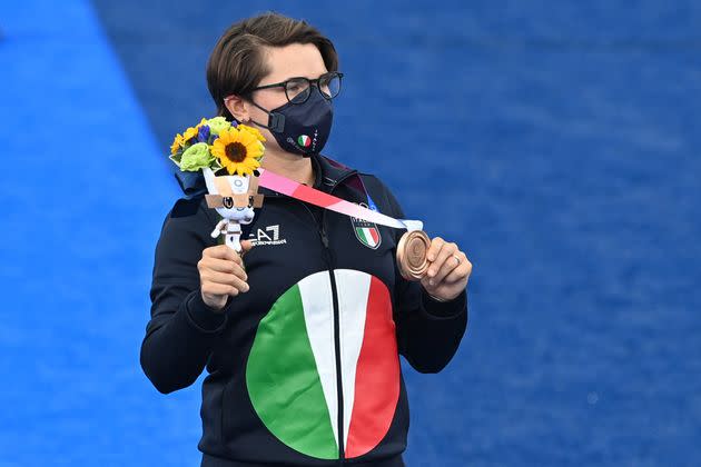 Bronze medallist Italy's Lucilla Boari poses during the women's individual victory ceremony during the Tokyo 2020 Olympic Games at Yumenoshima Park Archery Field in Tokyo on July 30, 2021. (Photo by ADEK BERRY / AFP) (Photo by ADEK BERRY/AFP via Getty Images) (Photo: ADEK BERRY via Getty Images)