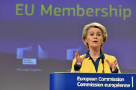 FILE - European Commission President Ursula von der Leyen speaks during a media conference after a meeting of the College of Commissioners at EU headquarters in Brussels, Friday, June 17, 2022. European Union and Ukrainian leaders said they expected Ukraine to become a candidate for EU membership during a two-day summit starting Thursday June 23, 2022, a step seen as recognition of the war-ravaged country's courage in fighting Russia but which carries no guarantee of admission. (AP Photo/Geert Vanden Wijngaert, File)