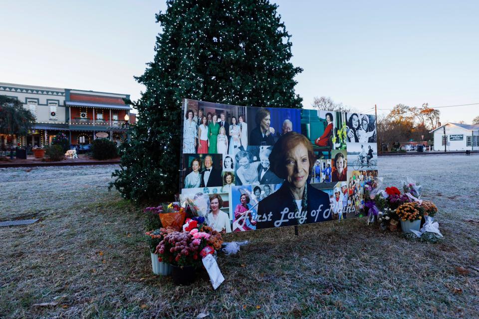 A makeshift memorial for former first lady Rosalynn Carter is displayed near Main St. of Plains, GA, ahead of a private funeral at Maranatha Baptist Church on November 29, 2023. (Getty Images)