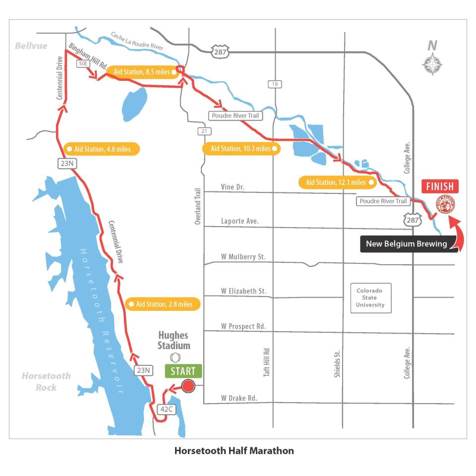 A map of the course for the 2024 Horsetooth Half Marathon