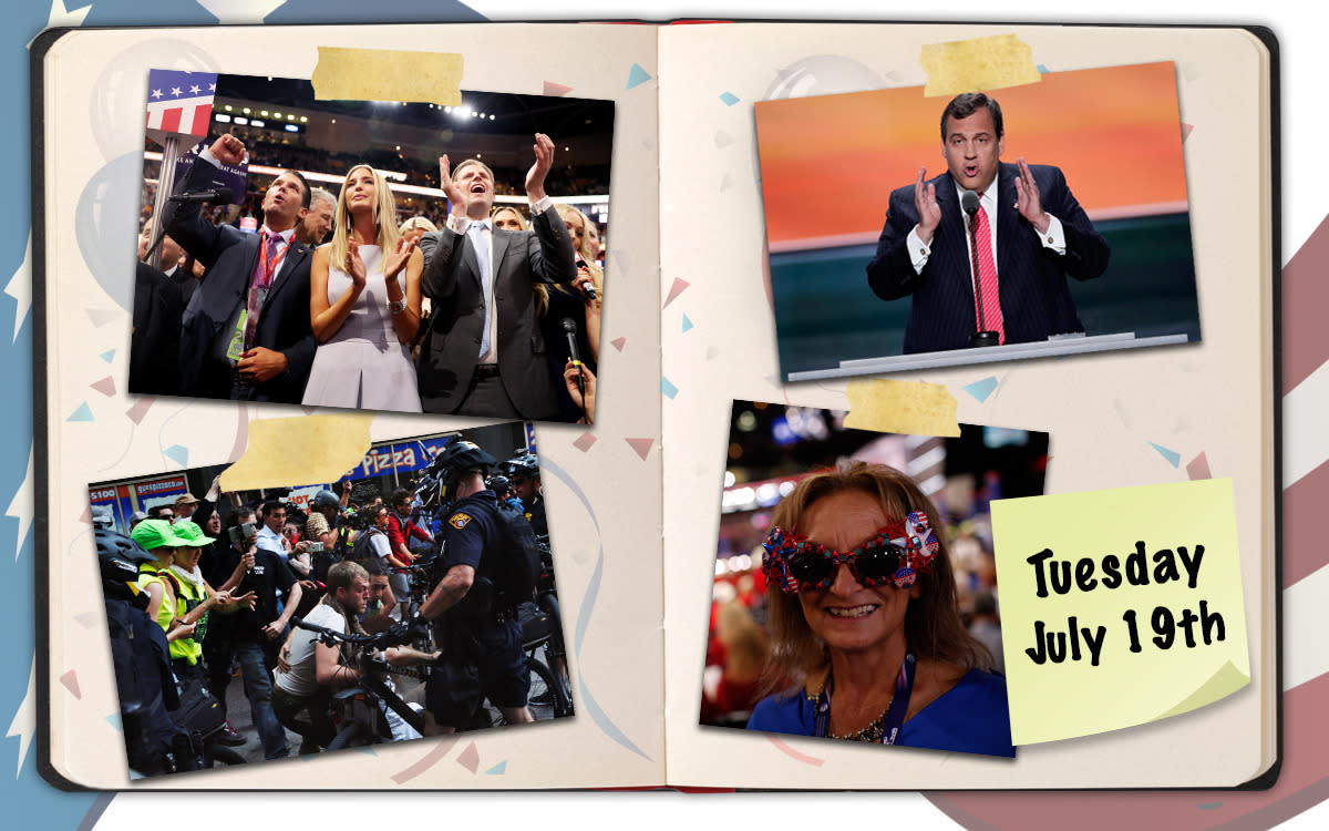 The nomination was clinched, Clinton was pounded by speakers, protests resumed and delegate fashion was in full force in Cleveland. (Photo illustration: Yahoo News; photos, clockwise from top right: Joe Raedle/Getty Images, J. Scott Applewhite/AP, Lucas Jackson/Reuters, Khue Bui for Yahoo News; background photos: Getty Images [3])