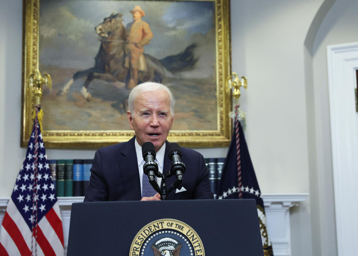 US President Joe Biden speaks about his plans for continued student debt relief after a US Supreme Court decision blocking his plan to cancel $430 billion in student loan debt, at the White House in Washington, U.S. June 30, 2023. REUTERS/Leah Millis