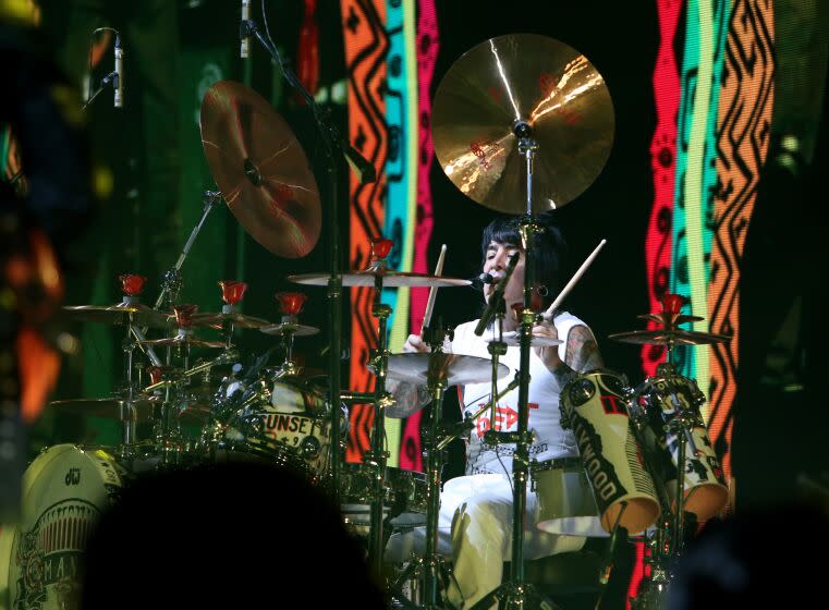 Mexican rock band Mana opens their 10-day residency at the Forum in Inglewood on Friday, March 18, 2022. Above, drummer Alex Gonzalez.