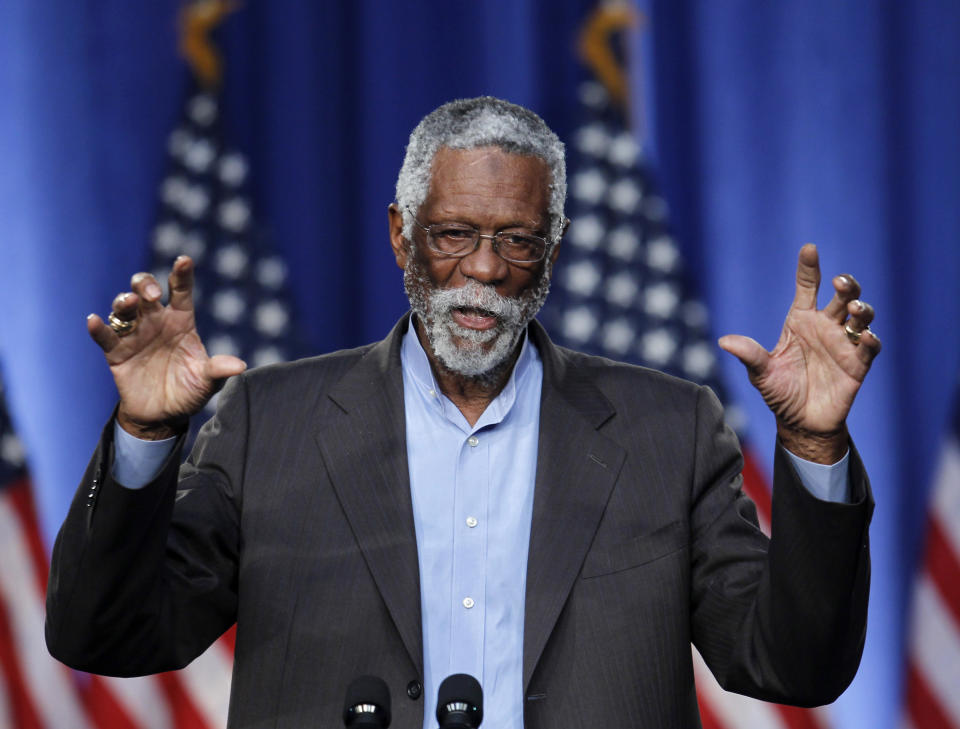 FILE - Former Boston Celtics basketball player Bill Russell addresses an audience during a campaign fundraising event, in Boston, May 18, 2011. The NBA great Bill Russell has died at age 88. His family said on social media that Russell died on Sunday, July 31, 2022. Russell anchored a Boston Celtics dynasty that won 11 titles in 13 years. (AP Photo/Steven Senne, file)