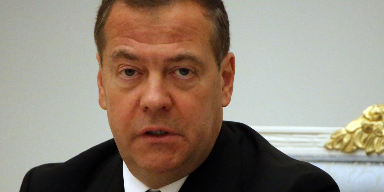 A head-and-shoulders shot of former Russian President Dmitry Medvedev during a meeting at the Kremlin, September 20, 2022.