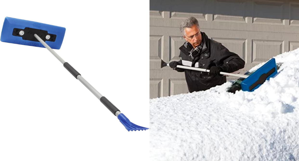 The Snow Joe 4-in-1 Telescoping Snow Broom + Ice Scraper is a winter must-have.Man uses snow broom to remove snow from his windshield