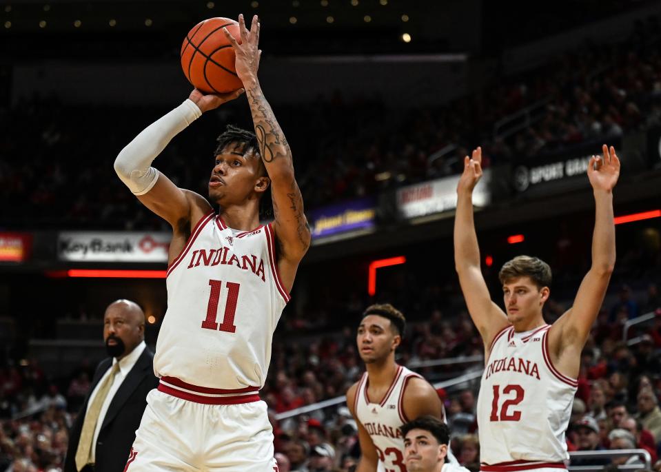 Indiana Hoosiers guard CJ Gunn (11) shoots a three-pointer against the Miami (Oh) Redhawks in the second half of the Hoosier Classic on Sunday, Nov. 20, 2022. at Gainbridge Fieldhouse in Indianapolis. Indiana Hoosiers defeated the Miami (Oh) Redhawks 86-56. 