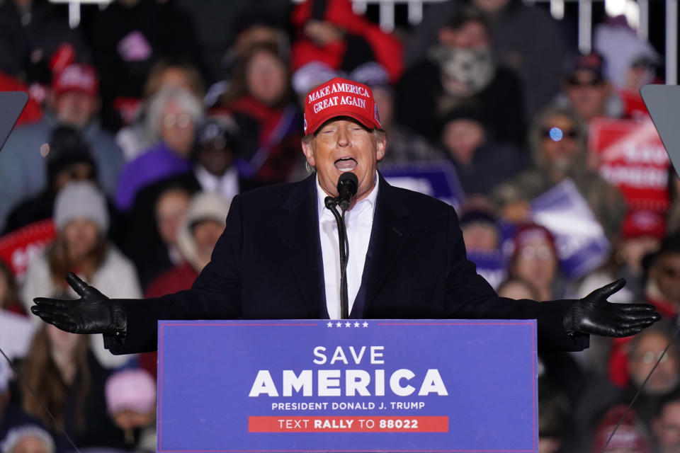 Former President Donald Trump speaks to a crowd a rally at the Florence Regional Airport on March 12 in Florence, S.C. 