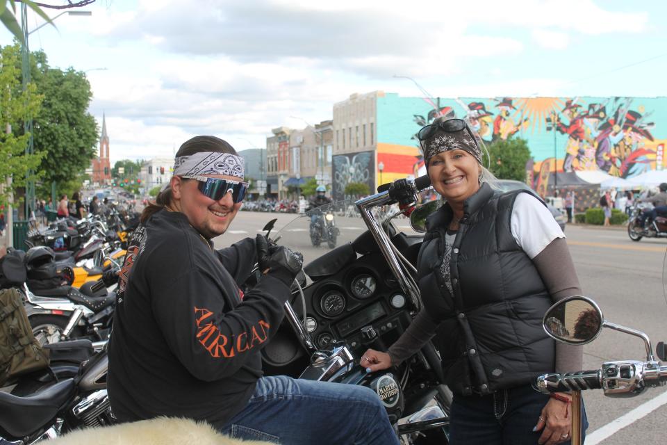 Briar and Mira Coley of southwest Missouri arrive at the Steel Horse Rally in Fort Smith Friday, May 6.