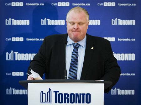 Toronto Mayor Rob Ford makes a statement about his personal life and the Capital and Operating Budgets meeting that had just finished at City Hall in Toronto, January 22, 2014. REUTERS/Mark Blinch