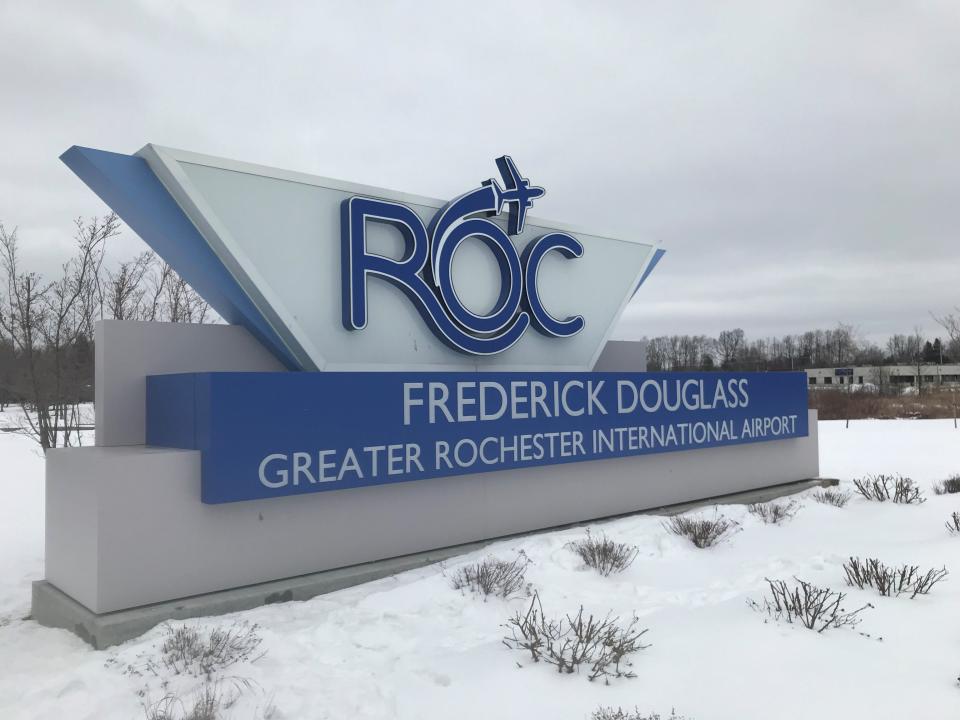 The entrance sign to the Frederick Douglass Greater Rochester International Airport, unveiled Feb. 14, 2021.