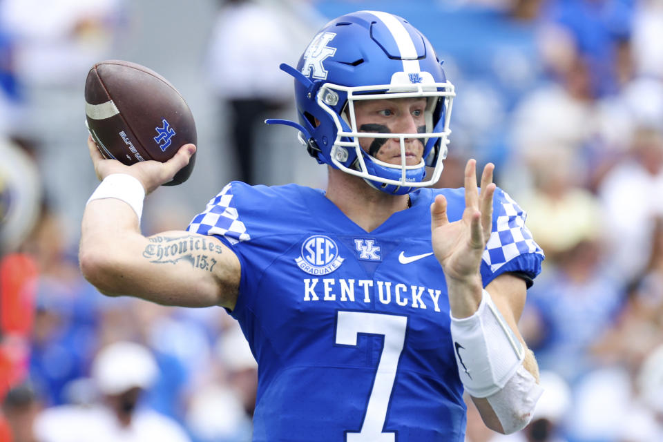 Kentucky quarterback Will Levis (7) throws a pass during the first half of a NCAA college football game against Chattanooga in Lexington, Ky., Saturday, Sept. 18, 2021. (AP Photo/Michael Clubb)
