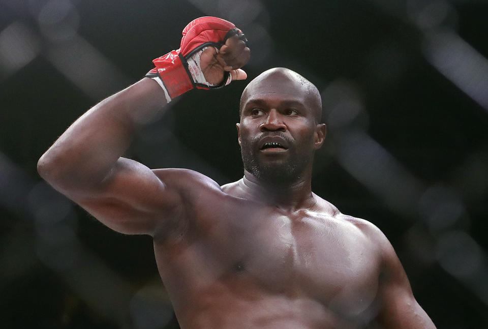 Cheick Kongo celebrates after defeating Javy Ayala in a heavyweight mixed martial arts fight at Bellator 199 in San Jose, Calif., Saturday, May 12, 2018. (AP Photo/Jeff Chiu)