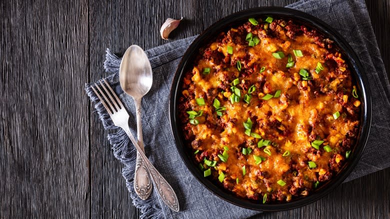 Cheese, beef, cornbread casserole