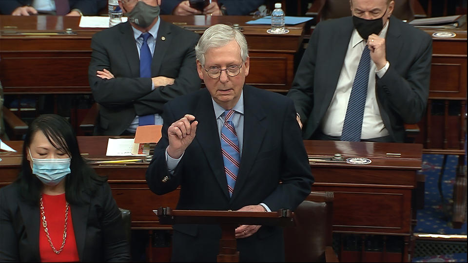 In this image from video, Senate Minority Leader Mitch McConnell of Ky., speaks before the final vote on the Senate version of the COVID-19 relief bill in the Senate at the U.S. Capitol in Washington, Saturday, March 6, 2021. (Senate Television via AP)