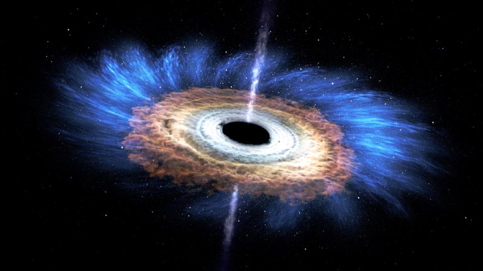 An artist's impression shows a jet of matter spewing from a black hole.
