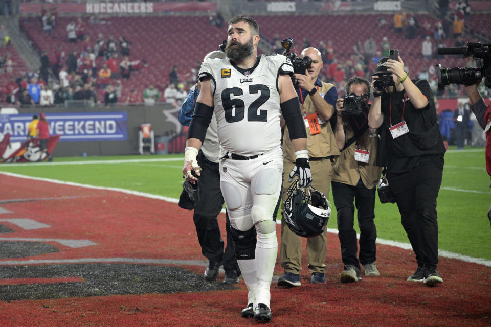 FILE - Philadelphia Eagles center Jason Kelce (62) leaves the field after an NFL wild-card playoff football game against the Tampa Bay Buccaneers, Monday, Jan. 15, 2024, in Tampa, Fla. Jason Kelce has retired after 13 seasons with the Eagles. Kelce officially called it quits Monday, March 4, 2024, at the Eagles’ complex in Philadelphia. (AP Photo/Phelan M. Ebenhack)