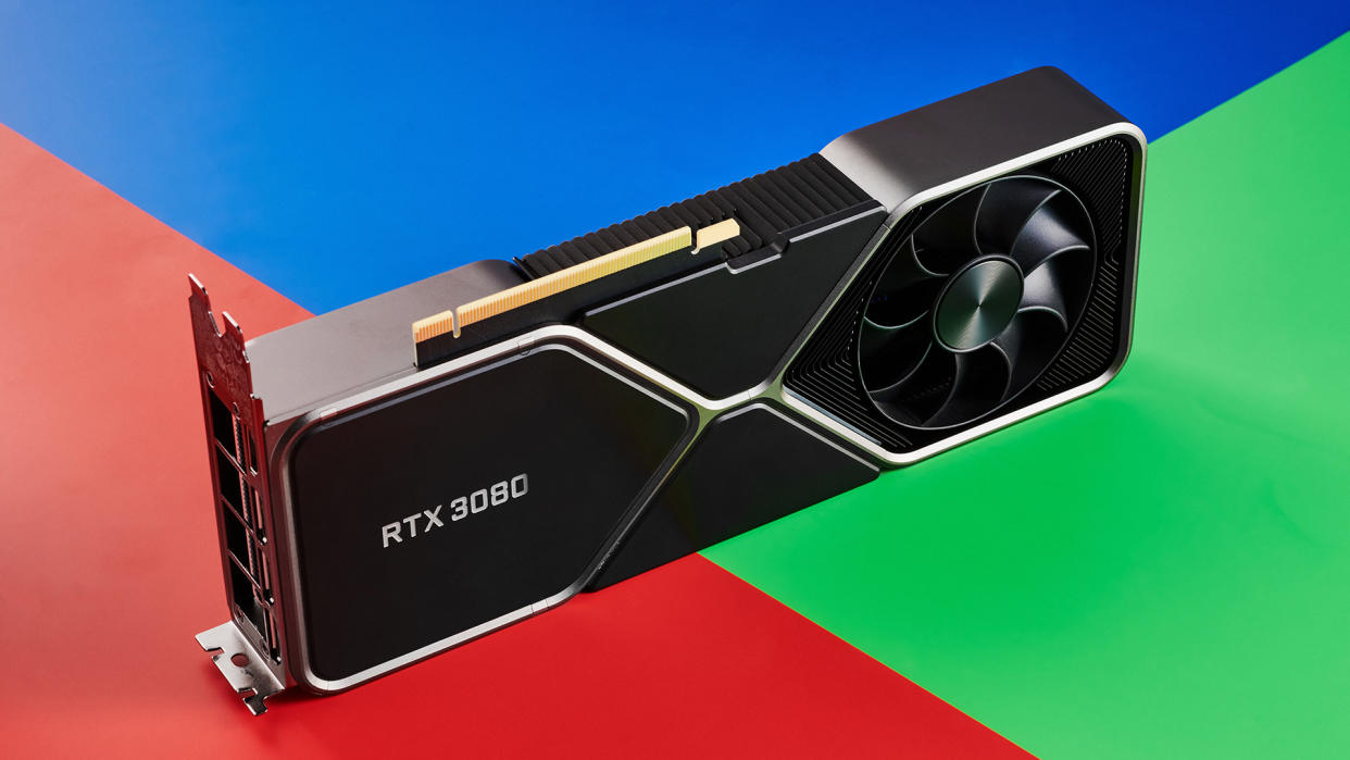 Nvidia RTX 3080 on a multi-coloured background