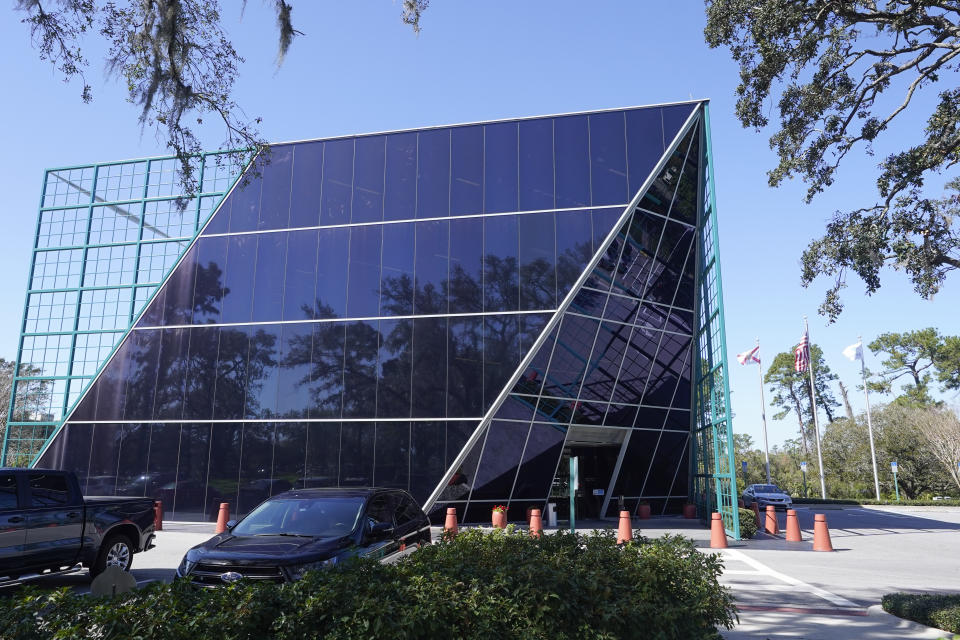 The Reedy Creek Improvement District administration building is seen Monday, Feb. 6, 2023, in Lake Buena Vista, Fla. Disney’s government in Florida was the envy of any private business, giving it unprecedented powers in deciding what and how to build at Walt Disney World. Those days are numbered as a new bill released in early February 2023 puts the entertainment giant’s district firmly in the control of Florida’s governor and legislative leaders. (AP Photo/John Raoux)