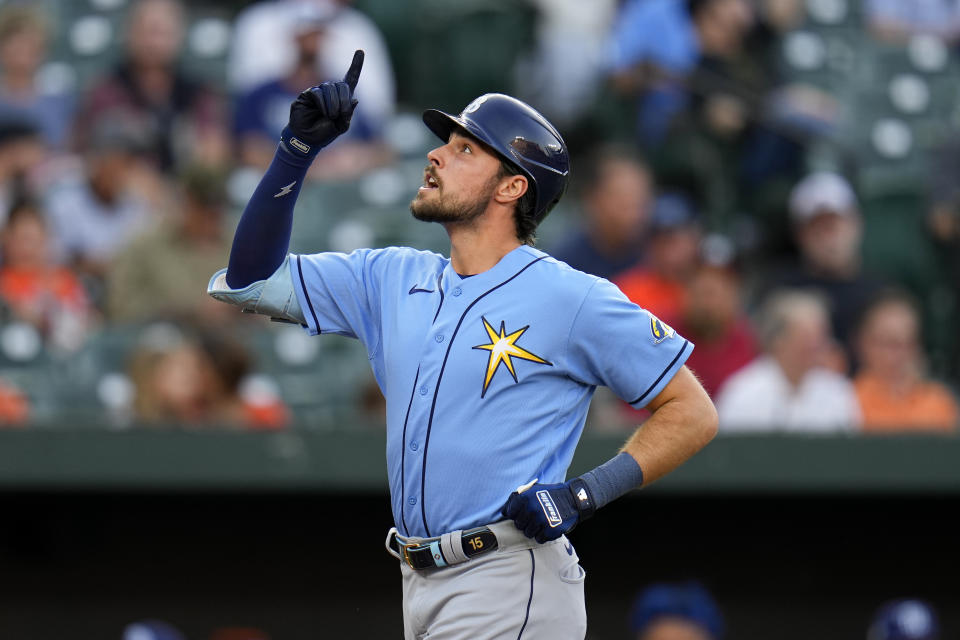 Tampa Bay Rays' Josh Lowe reacts after hitting a solo home run off Baltimore Orioles starting pitcher Kyle Gibson during the second inning of a baseball game, Monday, May 8, 2023, in Baltimore. (AP Photo/Julio Cortez)