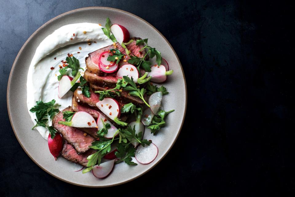 Strip Steak with Lemony Yogurt and Radishes