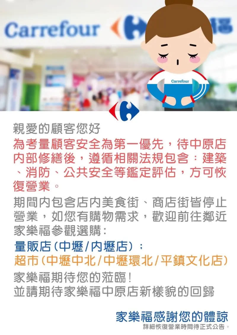 ▲家樂福中原店發生重大火警須停業至少兩週。（圖／翻攝自家樂福中原店臉書）