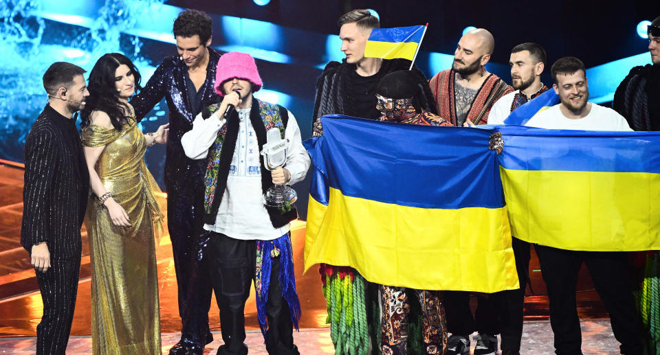 Ukrainian band Kalush Orchestra speaking after its 2022 Eurovision song contest win. Source: Getty