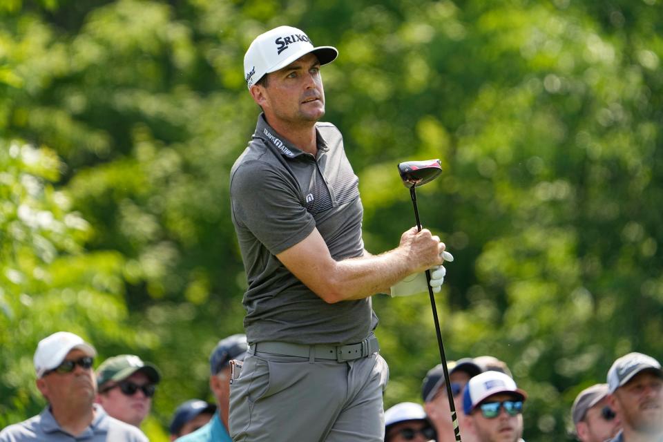 Keegan Bradley watches his tee shot on the 15th hole during the third round of the Memorial Tournament at Muirfield Village Golf Club.