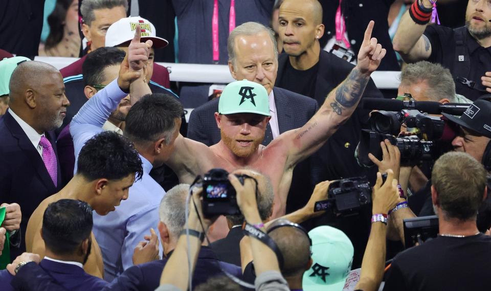 LAS VEGAS, NEVADA - MAY 04: Canelo Alvarez celebrates his unanimous-decision victory over Jaime Munguia to retain his undisputed super middleweight championship titles at T-Mobile Arena on May 04, 2024 in Las Vegas, Nevada. (Photo by Ethan Miller/Getty Images)