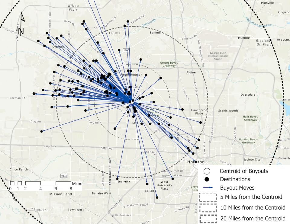 Where homeowners from a former majority-white census tract in Houston’s Inwood neighborhood retreated in the years after Tropical Storm Allison shows people moving primarily away from downtown Houston, but not far. Zheye Wang, <a href="http://creativecommons.org/licenses/by-nd/4.0/" rel="nofollow noopener" target="_blank" data-ylk="slk:CC BY-ND;elm:context_link;itc:0;sec:content-canvas" class="link ">CC BY-ND</a>